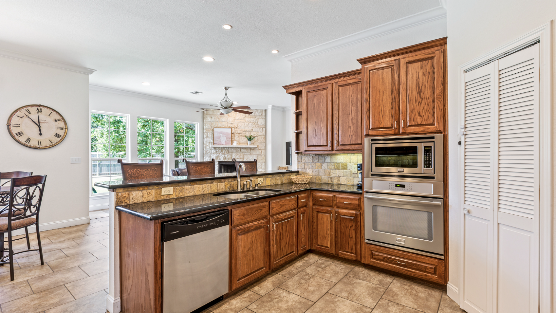 a kitchen with a tile floor